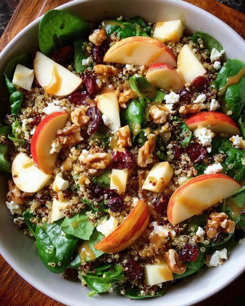 Apple Walnut Quinoa Salad in rustic bowl