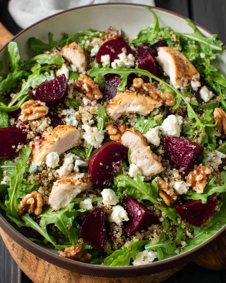 Arugula quinoa salad with chicken and beets in bowl