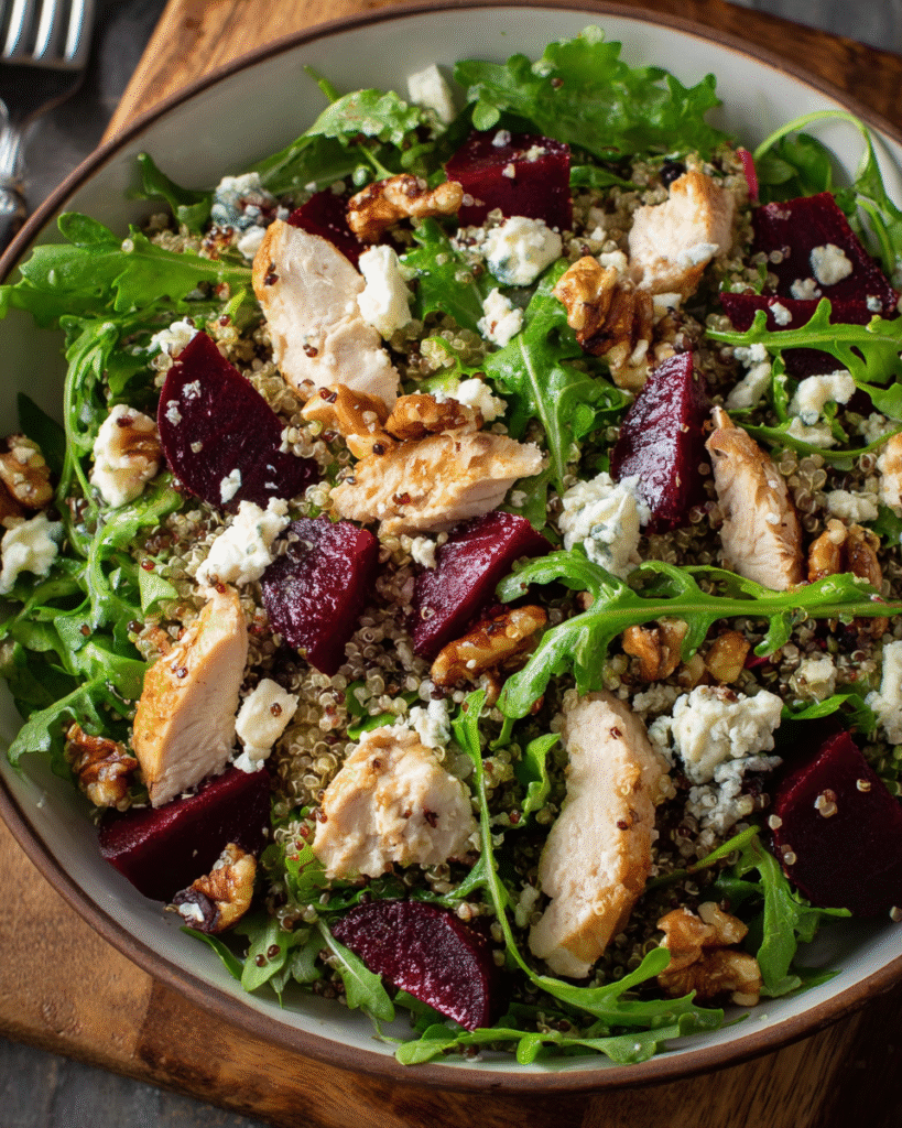 Arugula quinoa salad with chicken and beets in bowl