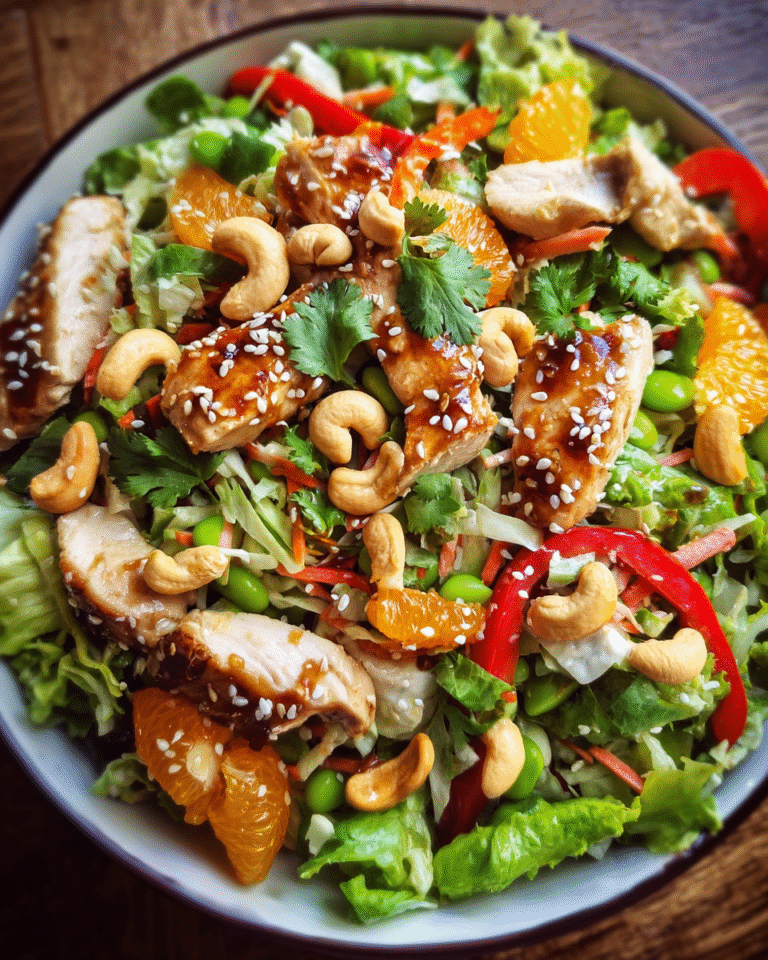 Overhead view of Asian sesame chicken and cashew salad