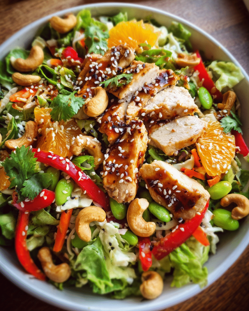 Overhead view of Asian sesame chicken and cashew salad