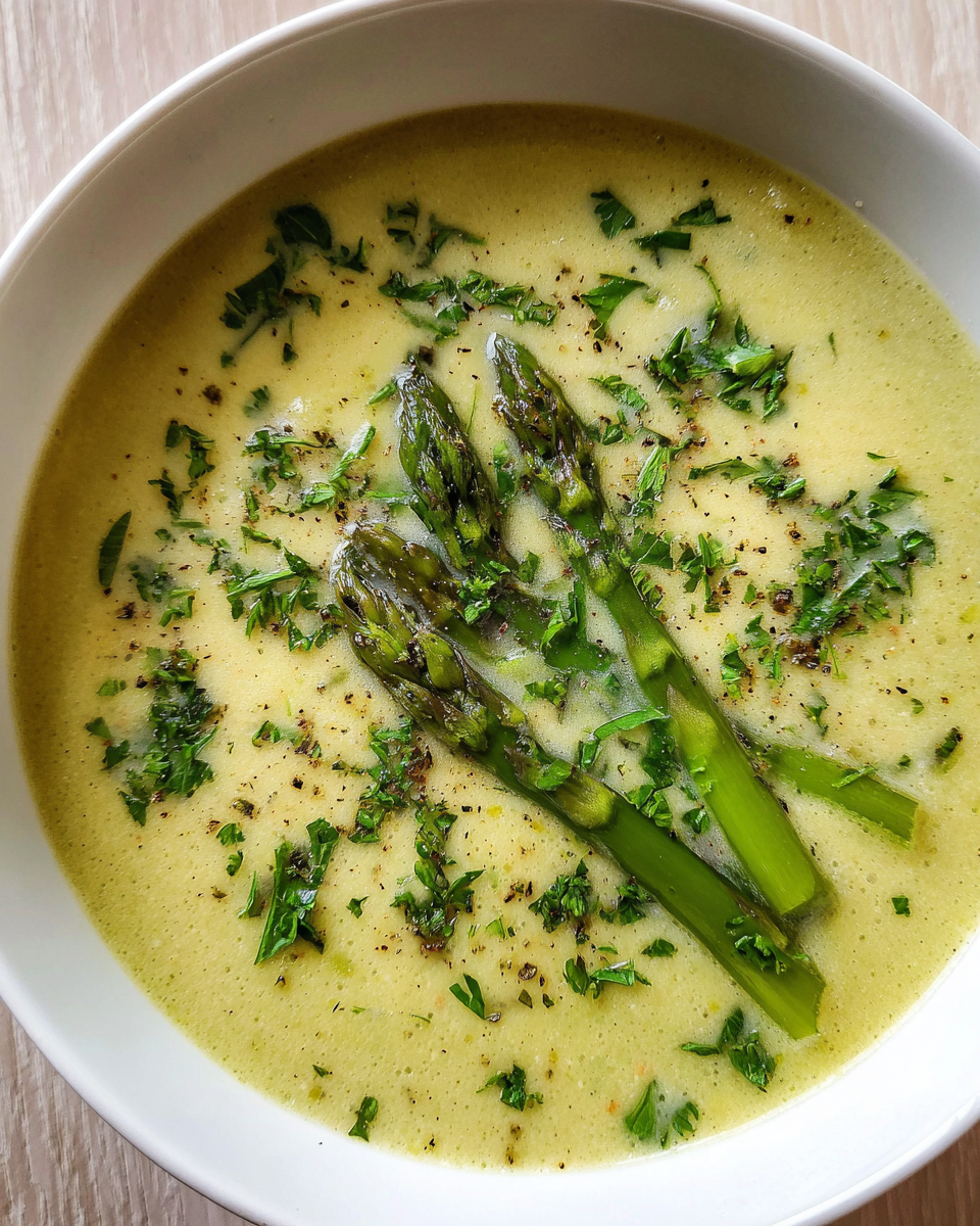Creamy asparagus soup in bowl with garnish