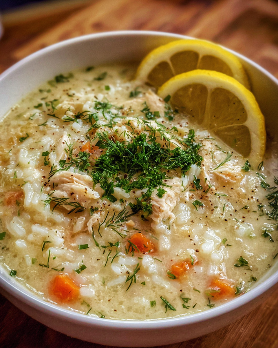 Greek avgolemono soup with lemon and dill