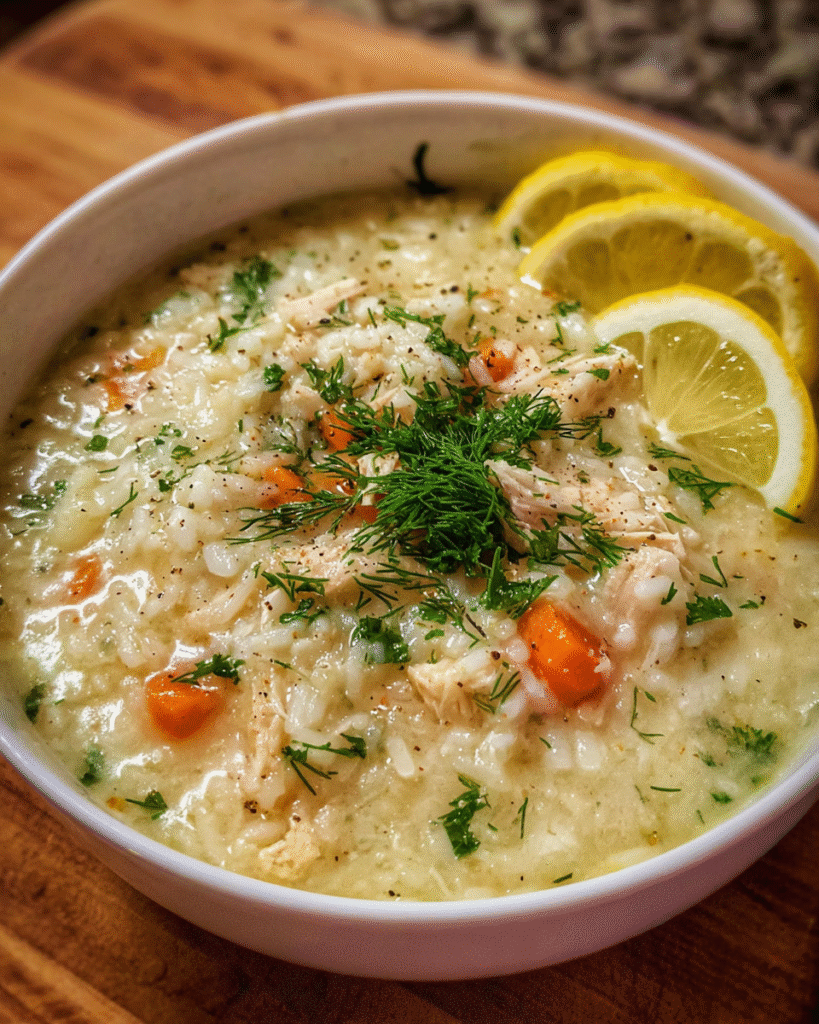 Greek avgolemono soup with lemon and dill