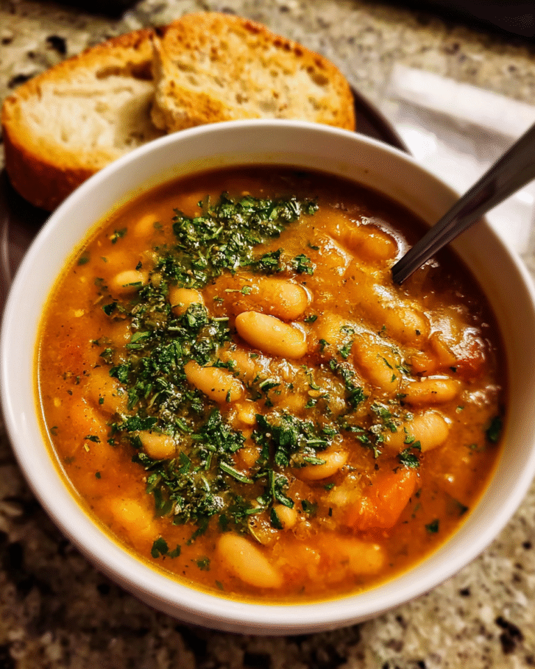 Bean Soup with Picada in ceramic bowl with crusty bread