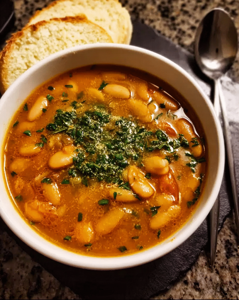 Bean Soup with Picada in ceramic bowl with crusty bread