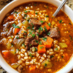 Hearty bowl of Beef Barley Soup with parsley garnish