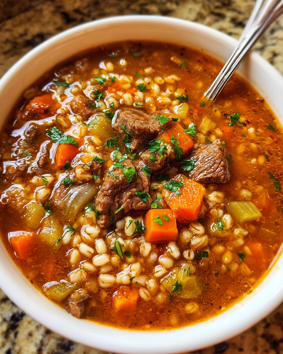 Hearty bowl of Beef Barley Soup with parsley garnish