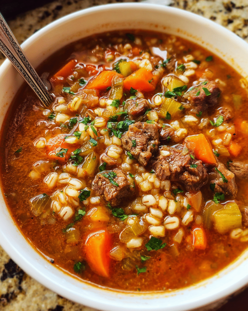 Hearty bowl of Beef Barley Soup with parsley garnish