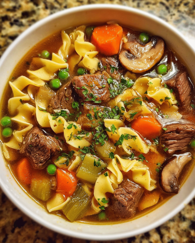 Bowl of beef noodle soup with parsley garnish in rustic setting