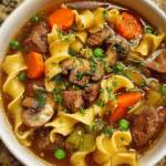 Bowl of beef noodle soup with parsley garnish in rustic setting