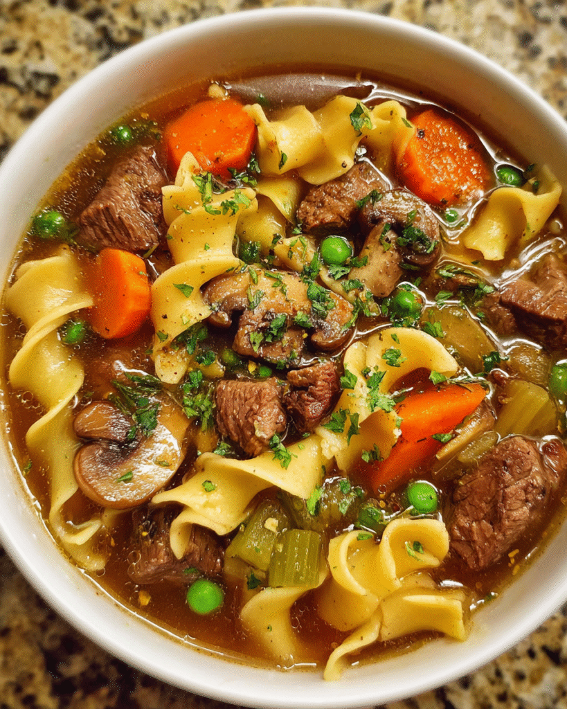 Bowl of beef noodle soup with parsley garnish in rustic setting