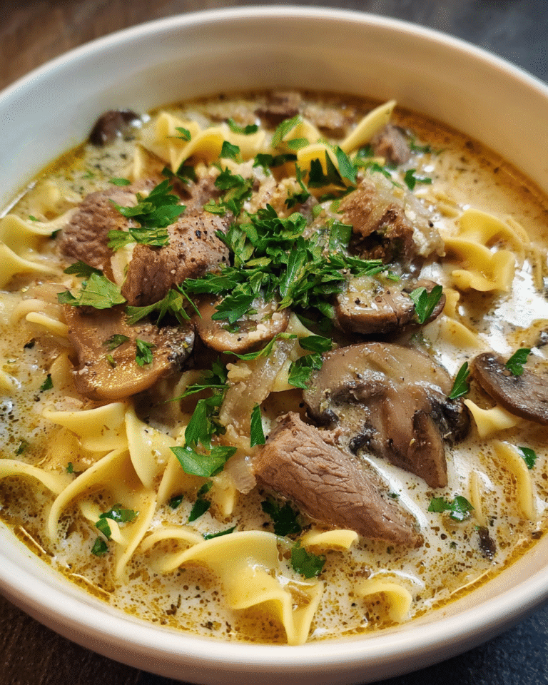 Beef Stroganoff Soup in rustic bowl