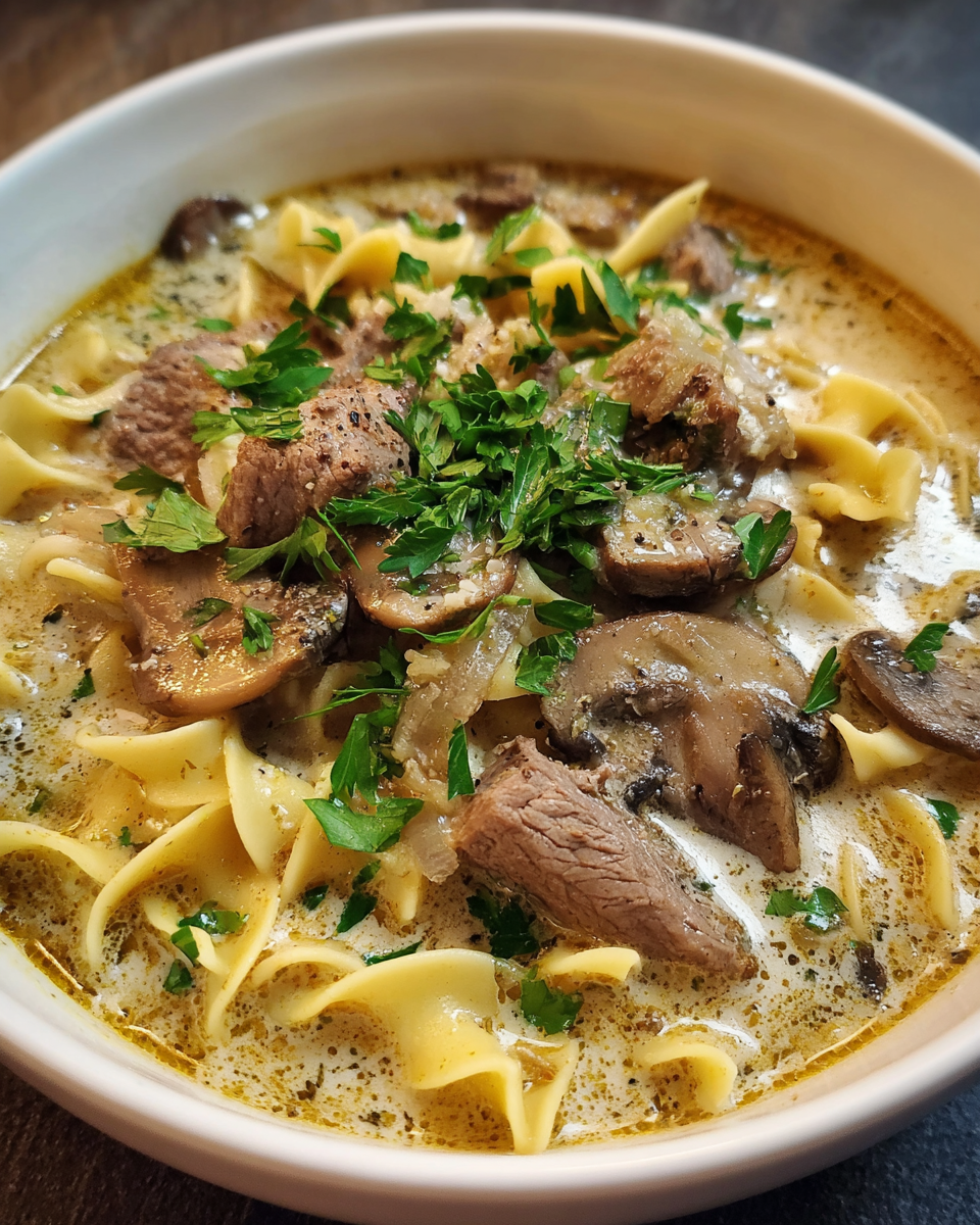 Beef Stroganoff Soup in rustic bowl