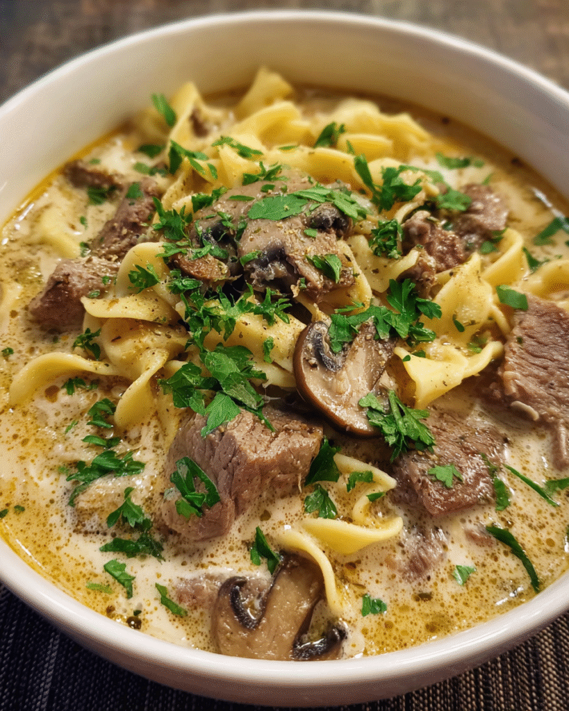 Beef Stroganoff Soup in rustic bowl