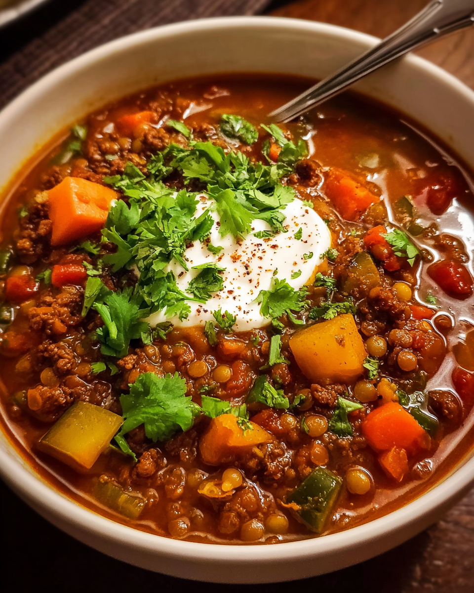 hearty beef and lentil soup with cilantro and yogurt