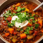 hearty beef and lentil soup with cilantro and yogurt