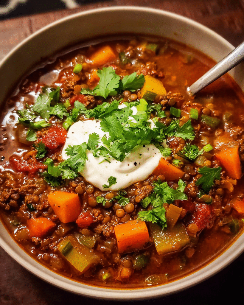 hearty beef and lentil soup with cilantro and yogurt