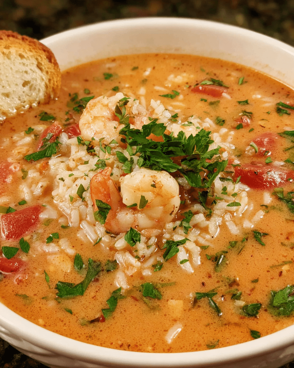 Brazilian Shrimp Soup in ceramic bowl with garnish
