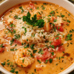 Brazilian Shrimp Soup in ceramic bowl with garnish