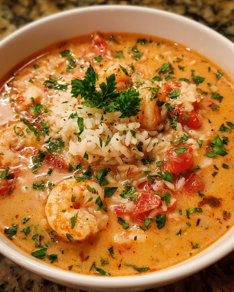 Brazilian Shrimp Soup in ceramic bowl with garnish