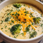 Broccoli cheddar soup in a bowl with bread