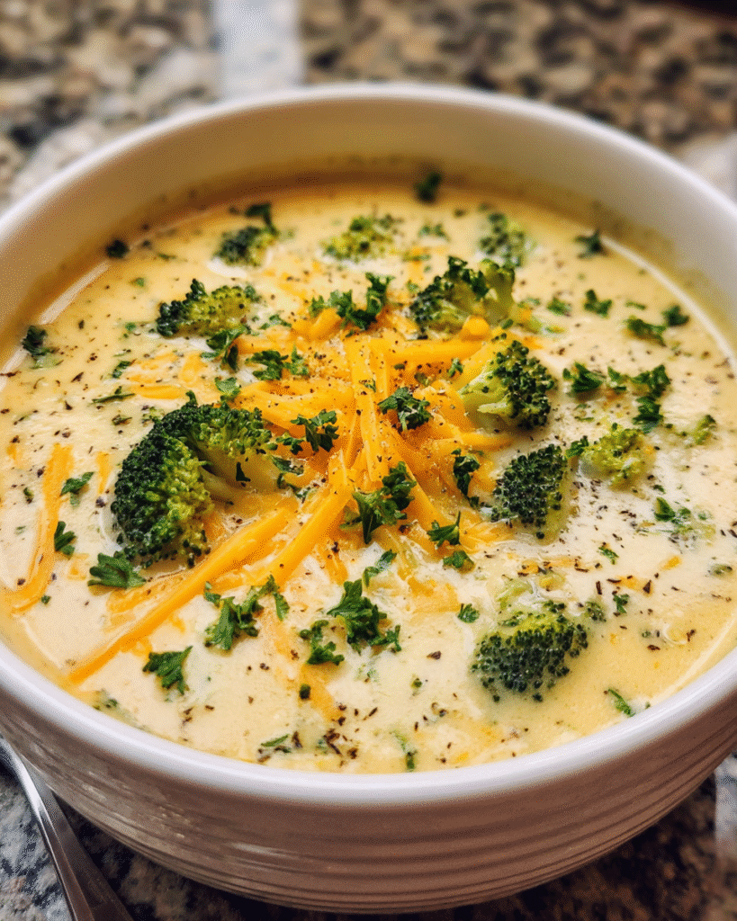 Broccoli cheddar soup in a bowl with bread