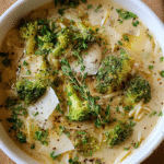 Bowl of Broccoli Parmesan Soup with pasta, shaved cheese, and herbs
