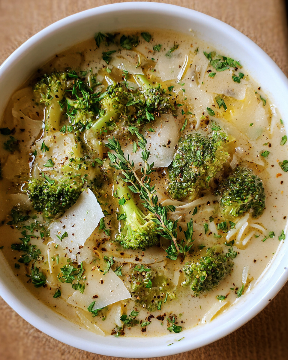 Bowl of Broccoli Parmesan Soup with pasta, shaved cheese, and herbs
