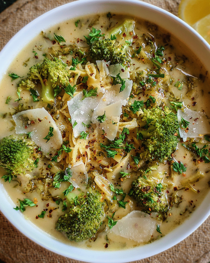 Bowl of Broccoli Parmesan Soup with pasta, shaved cheese, and herbs