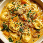Creamy Butternut Squash Sausage and Tortellini Soup in a bowl with kale and Parmesan