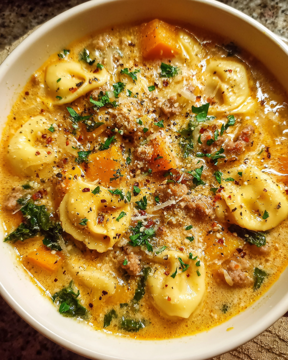 Creamy Butternut Squash Sausage and Tortellini Soup in a bowl with kale and Parmesan