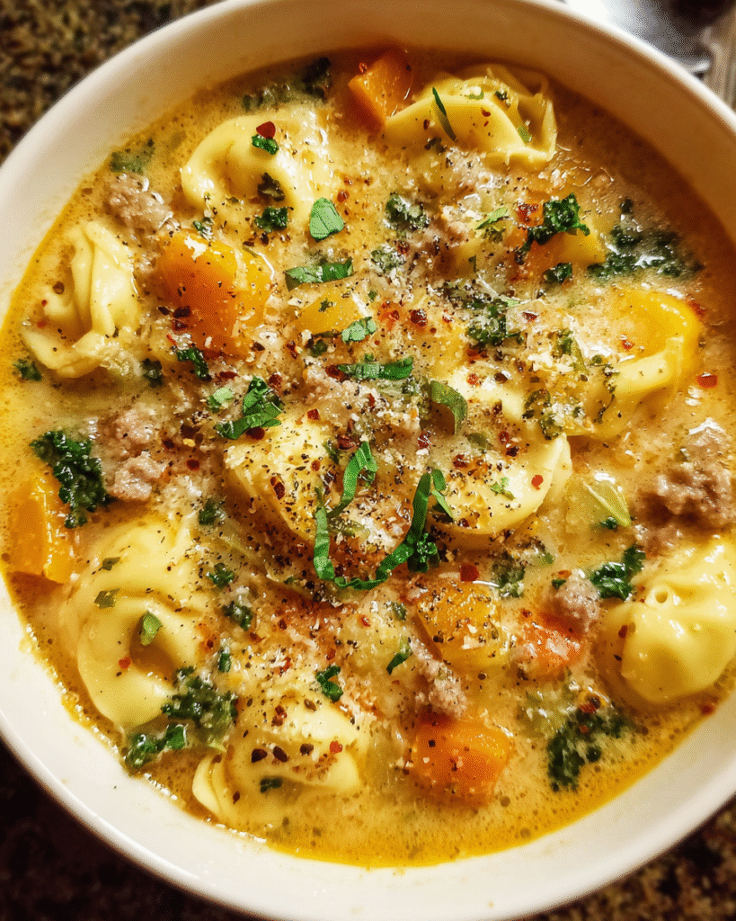 Creamy Butternut Squash Sausage and Tortellini Soup in a bowl with kale and Parmesan
