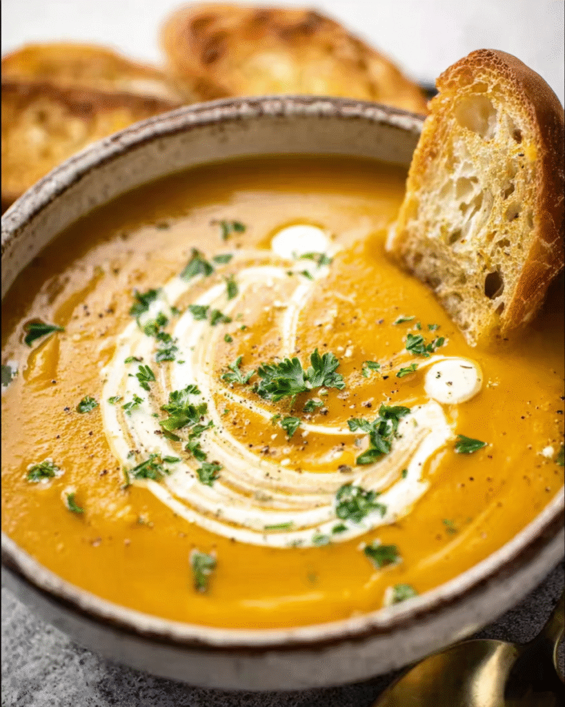 Bowl of no chop roast pumpkin soup with garnish