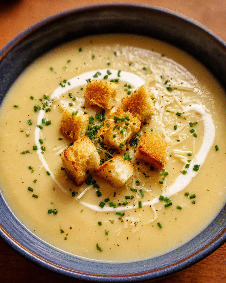 Creamy celeriac soup in bowl with croutons