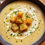 Creamy celeriac soup in bowl with croutons