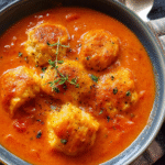 Cheese Dumpling Tomato Soup with fluffy biscuit dumplings and melted cheese in a warm tomato broth