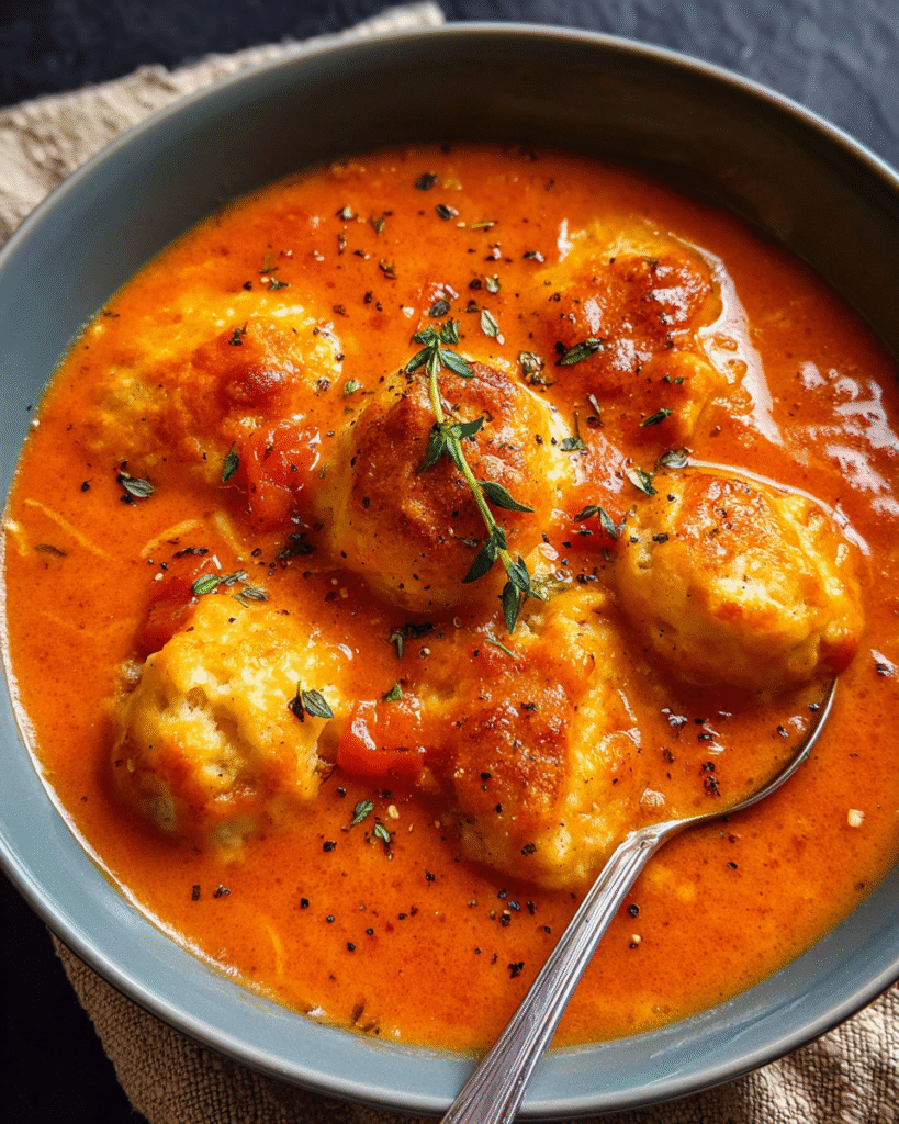 Cheese Dumpling Tomato Soup with fluffy biscuit dumplings and melted cheese in a warm tomato broth