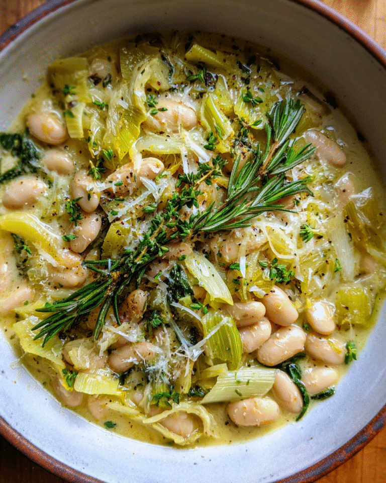 Cheesy Beans and Leeks in rustic bowl