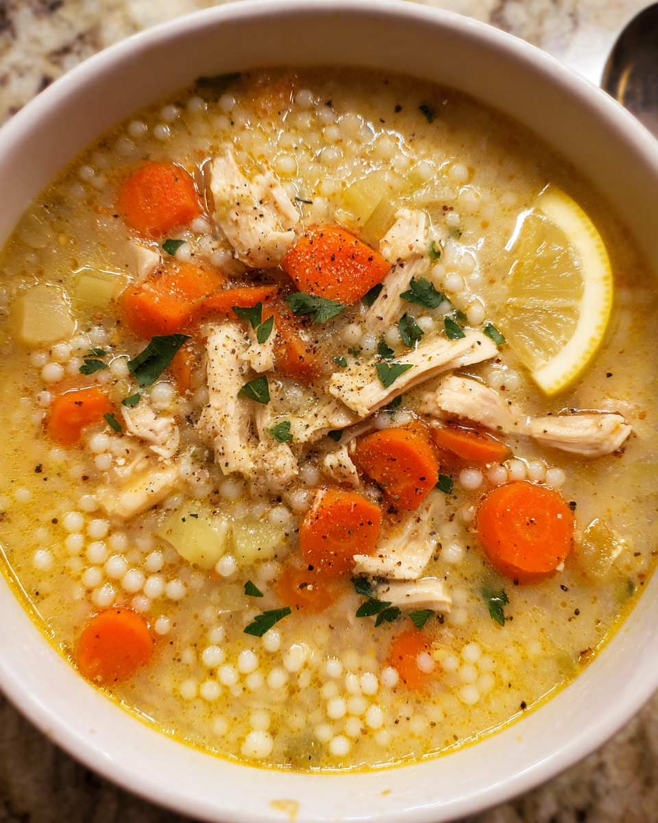 Creamy chicken couscous soup in a bowl with vegetables and parsley