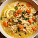 Creamy chicken couscous soup in a bowl with vegetables and parsley