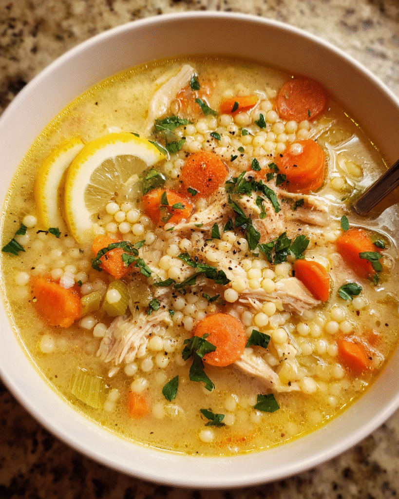 Creamy chicken couscous soup in a bowl with vegetables and parsley