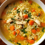 Bowl of Chicken Pastina Soup with carrots, celery, and shredded chicken