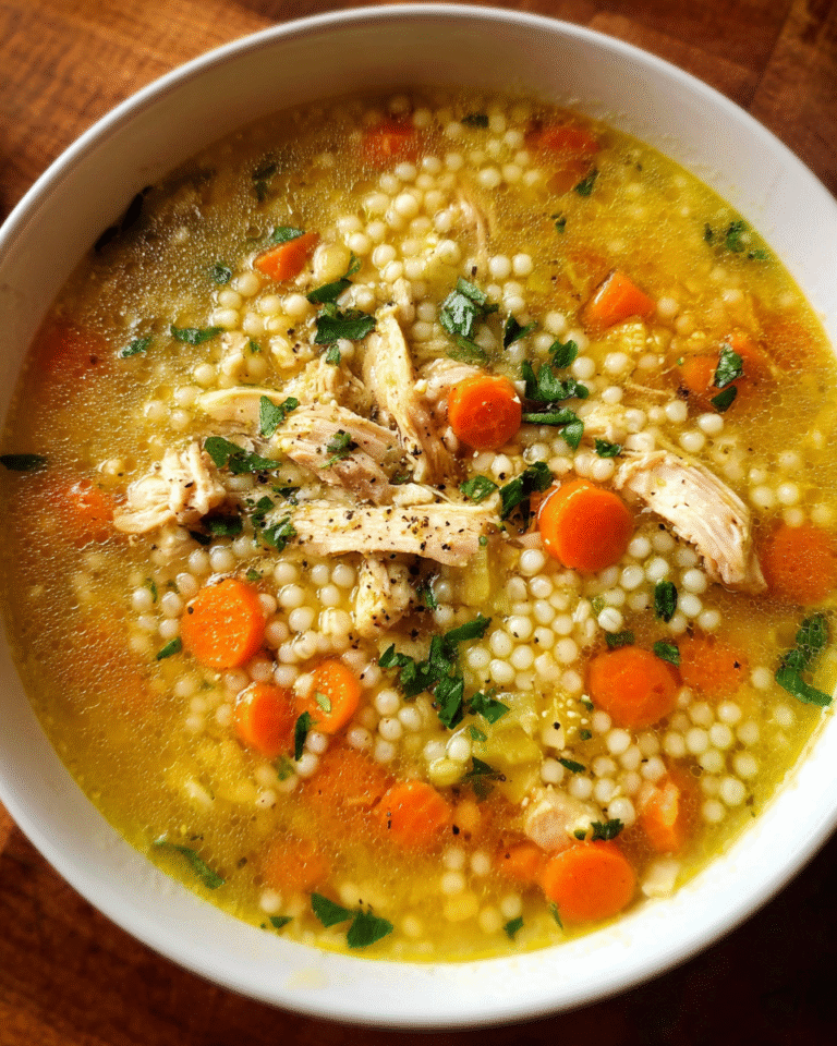 Bowl of Chicken Pastina Soup with carrots, celery, and shredded chicken