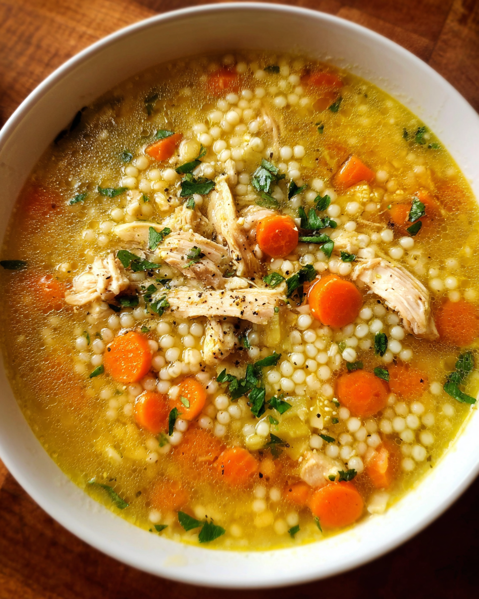 Bowl of Chicken Pastina Soup with carrots, celery, and shredded chicken