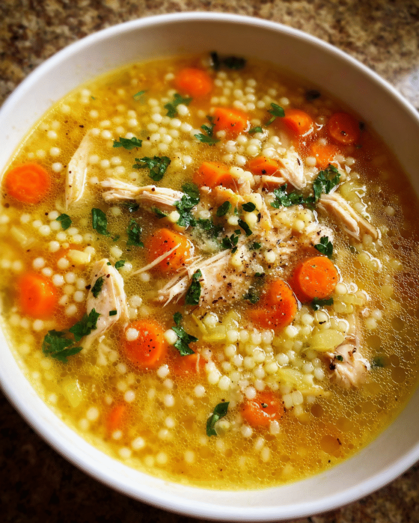 Bowl of Chicken Pastina Soup with carrots, celery, and shredded chicken