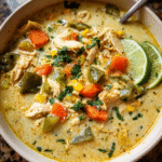 Chicken poblano soup in a bowl with peppers