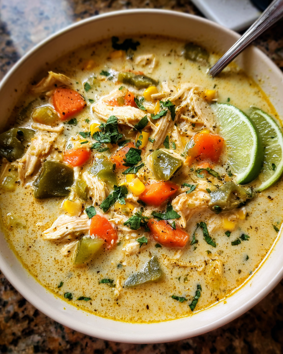 Chicken poblano soup in a bowl with peppers