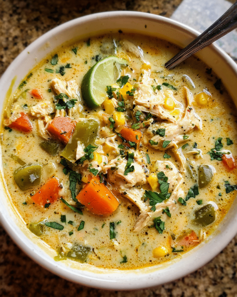 Chicken poblano soup in a bowl with peppers