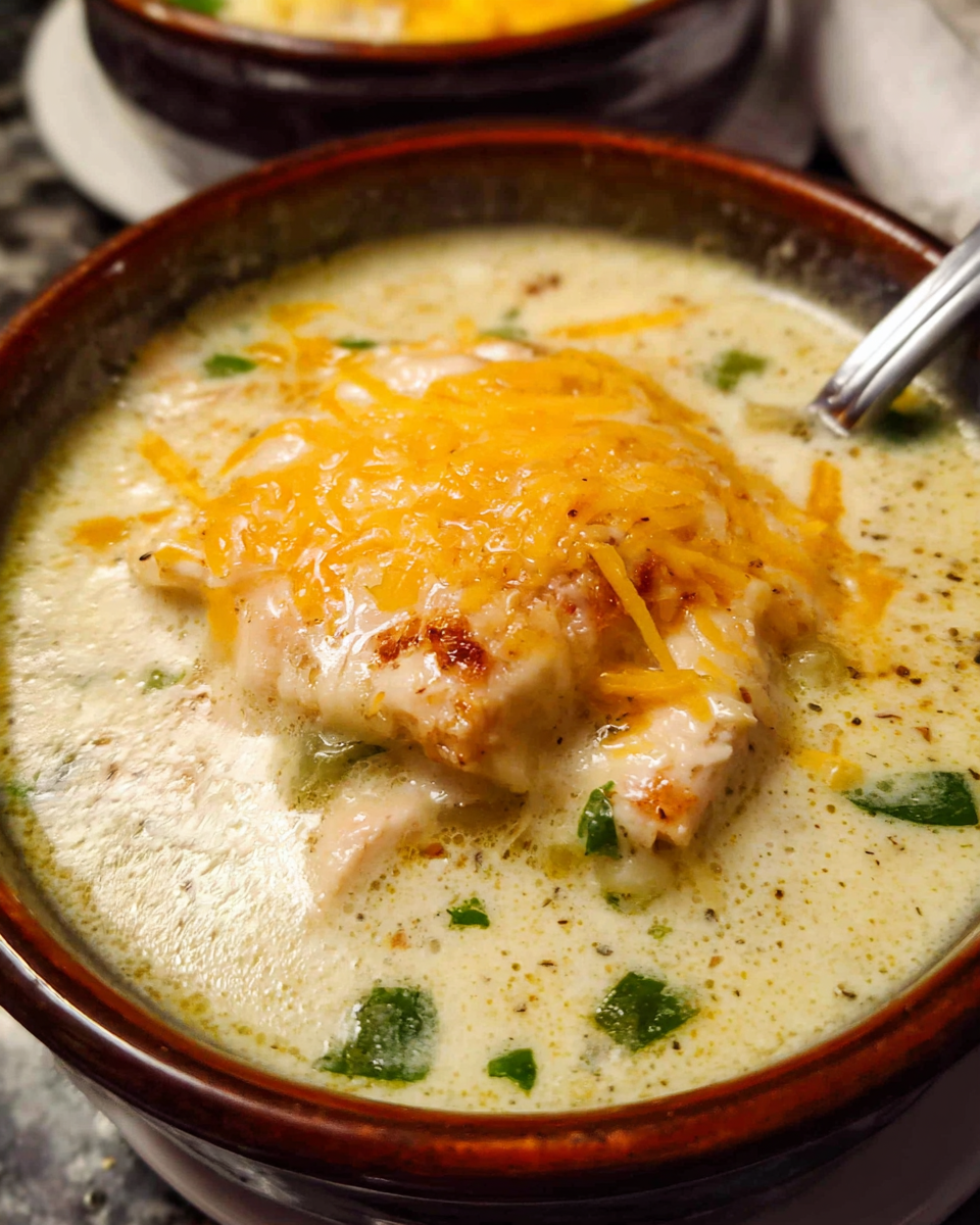 “Featured image of Chile Relleno Soup with roasted poblanos and chicken, served warm in a bowl, from CindyRecipes.”